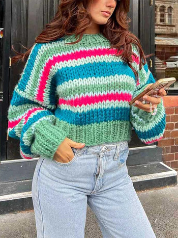 Γυναικείο φαρδύ ριγέ πουλόβερ με μακριά μανίκια πουλόβερ Crop μπλούζες Y2k Cropped πλεκτά πουλόβερ με ραβδώσεις κροσέ πορτοκαλί πουλόβερ