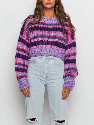 Sieviešu brīvs svītrains džemperis ar garām piedurknēm Crop džemperu topi Y2k apgriezti adīti rievoti džemperi tamborēti oranži džemperi