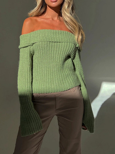 Sieviešu zaļš Y2K džemperis Vintage 90s Egirl ar garām piedurknēm slīpu kakla izgriezumu, trikotāžas džemperis, ikdienas rudens tērpi