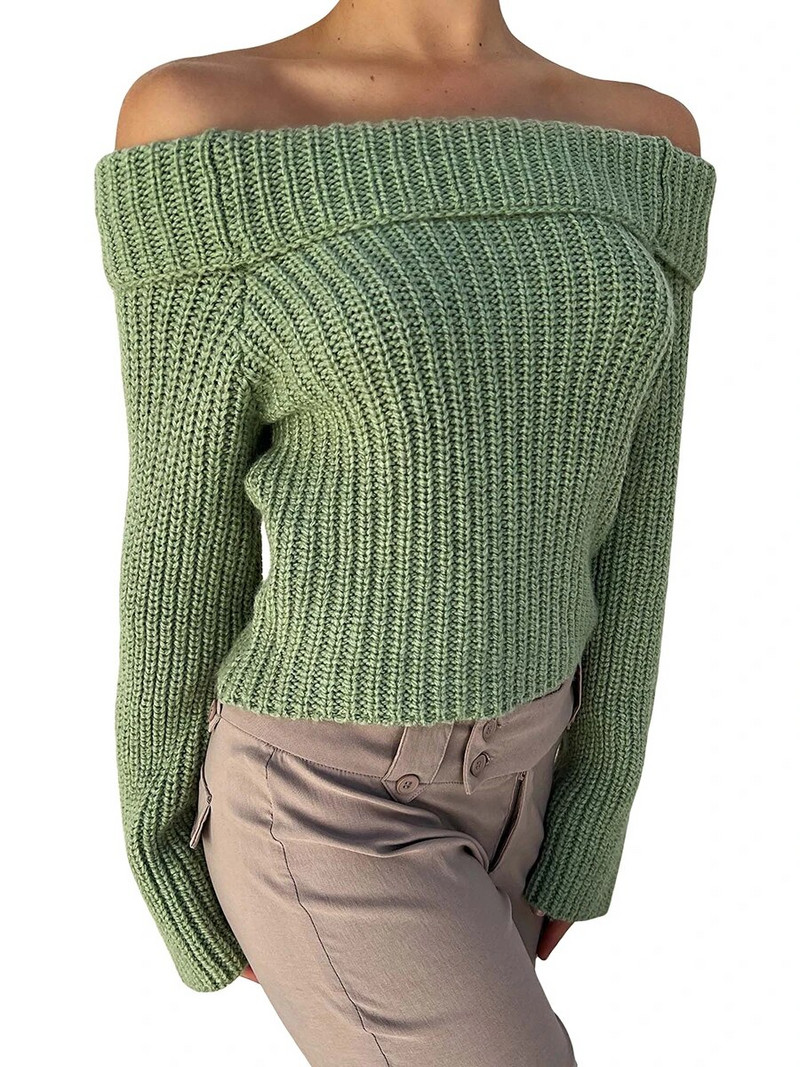 Sieviešu zaļš Y2K džemperis Vintage 90s Egirl ar garām piedurknēm slīpu kakla izgriezumu, trikotāžas džemperis, ikdienas rudens tērpi