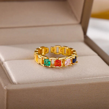 Цветен циркониев неправилен пръстен за жени Момиче Кръгъл пръстен с кристали от неръждаема стомана Регулируем пръстен Сватбени бижута BFF Подарък
