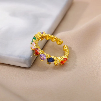 Цветен циркониев неправилен пръстен за жени Момиче Кръгъл пръстен с кристали от неръждаема стомана Регулируем пръстен Сватбени бижута BFF Подарък