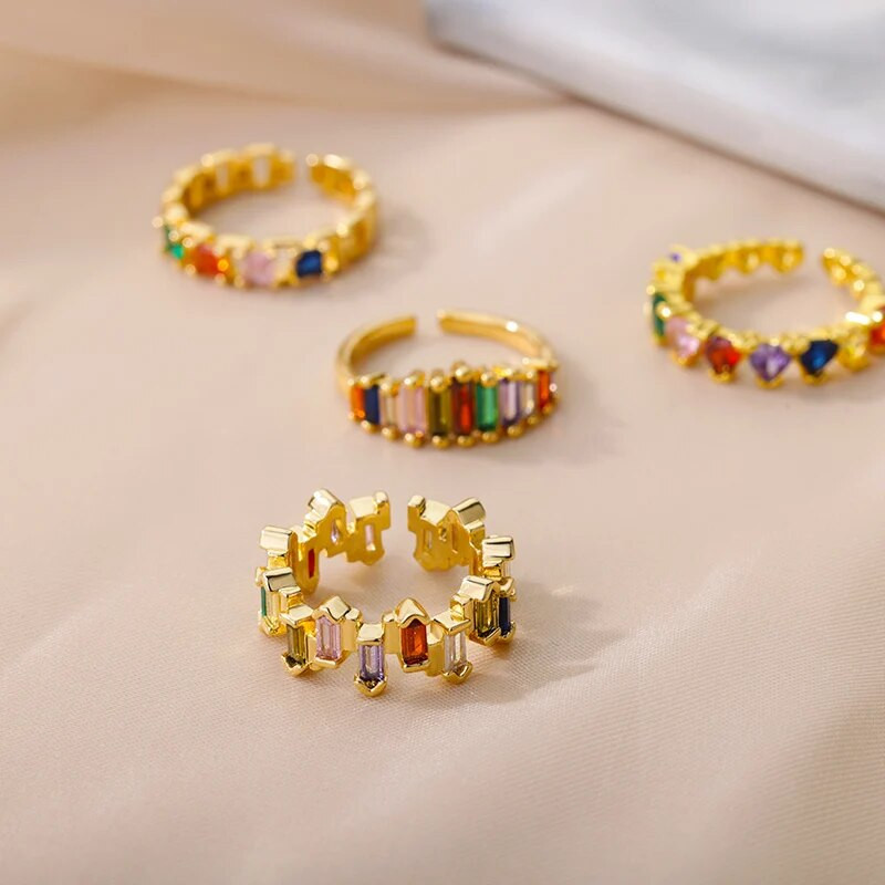 Πολύχρωμο ακανόνιστο δαχτυλίδι ζιρκονίας για γυναίκες κορίτσι από ανοξείδωτο ατσάλι, στρογγυλό δαχτυλίδι, ρυθμιζόμενο δαχτυλίδι, κοσμήματα γάμου BFF δώρο