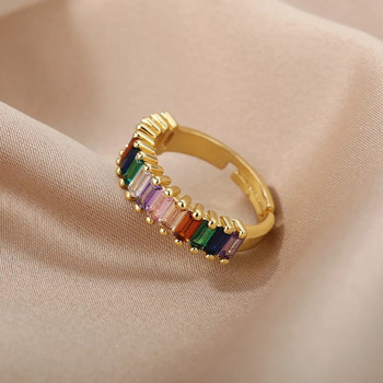 Пръстени с цветен камък с циркон за жени Кристал Циркон Пръстен с квадратна геометрия Регулируем пръстен с отворен пръст Сватбени бохо бижута Подарък 2022 г.