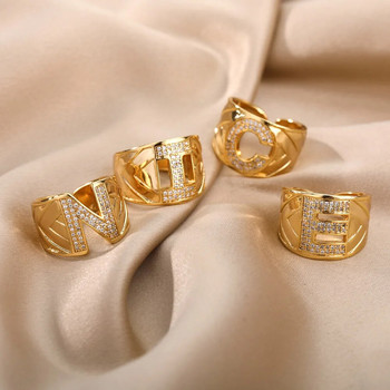 Δαχτυλίδι αρχικού γράμματος με χοντρά φαρδιά ζιργκόν για γυναίκες από ανοξείδωτο ατσάλι με ανοιγόμενο δάχτυλο δαχτυλίδι Hip hop Μινιμαλιστικό Δώρο κοσμήματος Femme