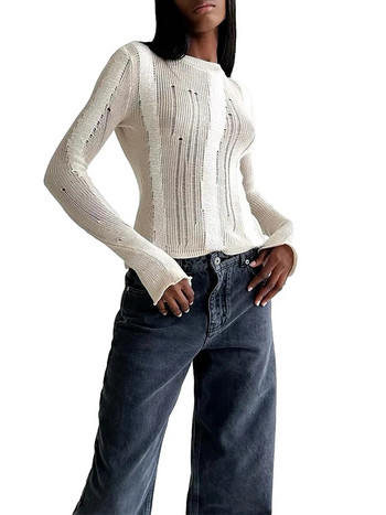Γυναικείες λεπτές πλεκτές μπλούζες Ripped Patchwork Crew λαιμόκοψη μακρυμάνικο πλεκτό παλτό Πουλόβερ πουλόβερ για άνοιξη φθινόπωρο πουλόβερ Streetwear