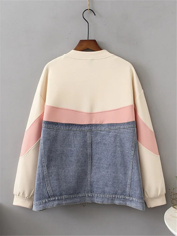 Liela izmēra drēbes pavasara un rudens apkaklei ar garām piedurknēm džinsa auduma un daudzkrāsu paneļi ikdienas jaka liela izmēra mētelis 4XL