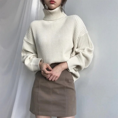 Korejiešu biezs, brīvs sieviešu džemperis, džemperis ar apkakli, vienkāršs dabīgs trikotāža rudens ziema karsti mīksts, silts sieviešu elegants džemperis