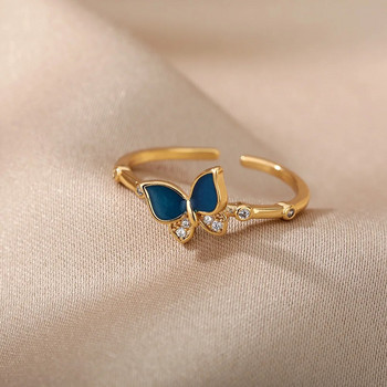 Γυναικεία δαχτυλίδια μπλε πεταλούδας Κρυστάλλινα γυαλιστερά ζιρκόνια με μπλε σμάλτο δαχτυλίδι δάχτυλο Femme Bohemian Vintage κοσμήματα αξεσουάρ δώρου