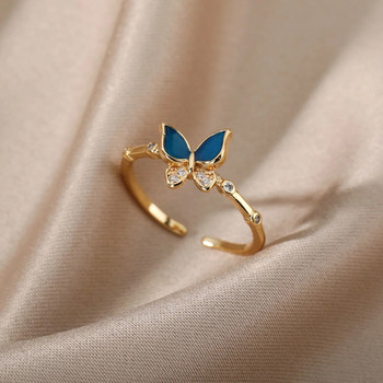 Γυναικεία δαχτυλίδια μπλε πεταλούδας Κρυστάλλινα γυαλιστερά ζιρκόνια με μπλε σμάλτο δαχτυλίδι δάχτυλο Femme Bohemian Vintage κοσμήματα αξεσουάρ δώρου