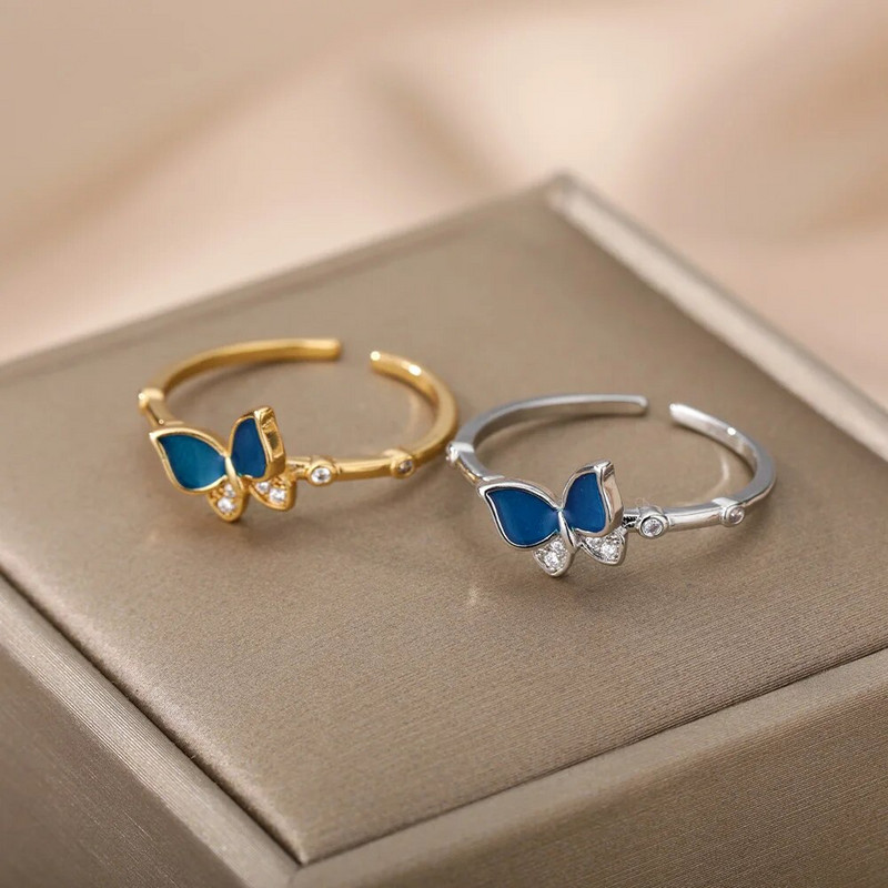Zili tauriņu gredzeni sievietēm kristāla spīdīgs cirkonija zils emaljas pirkstu gredzens Femme Bohemian vintage rotaslietas dāvanu aksesuāri