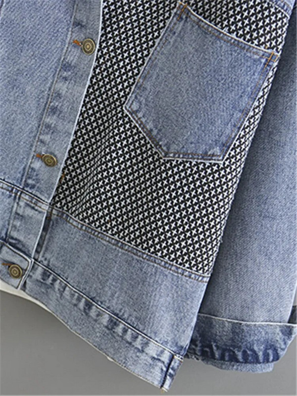 Liela izmēra apģērbs pavasara un rudens džinsu jakai ar garām piedurknēm Neliela daļa no trikotāžas austām šuvēm OverSize ikdienas jaka