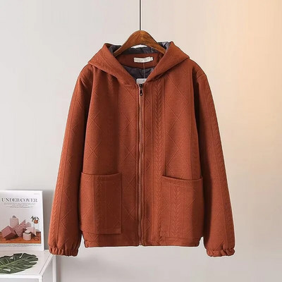 Liela izmēra sieviešu rudens ziemas ziemas džemperis ar garām piedurknēm austi audumi ar kabatas rāvējslēdzēju jaka Bieza kokvilnas jaka ar kapuci