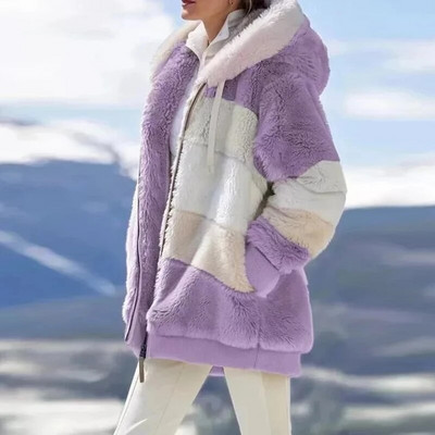 Biezs, silts rotaļu mētelis sievietēm ziemas ar garām piedurknēm, pūkains, matains mākslīgās kažokādas jakas sievietēm ar kapuci, kabatas ar rāvējslēdzēju Lielizmēra mētelis