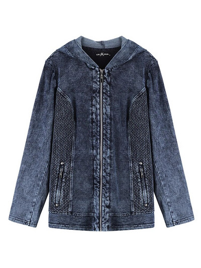 LIH HUA női nagyméretű farmer dzseki őszi alkalmi nagy sztreccs kapucnis pamut öves zsebes kötött dzseki