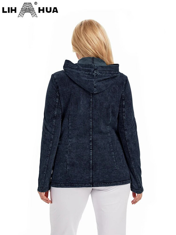 LIH HUA női nagyméretű farmer dzseki őszi alkalmi nagy sztreccs kapucnis pamut öves zsebes kötött dzseki