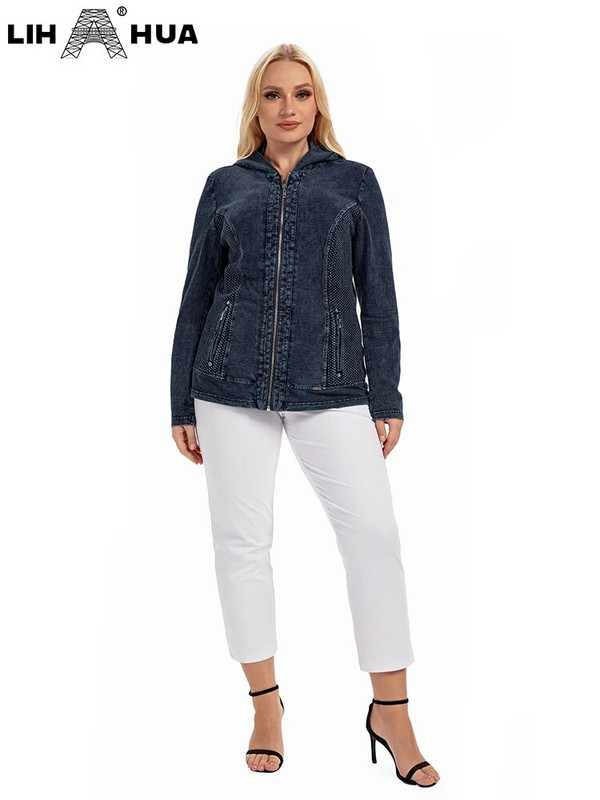 LIH HUA női nagyméretű farmer dzseki őszi alkalmi nagy sztreccs kapucnis pamut öves zsebes kötött dzseki