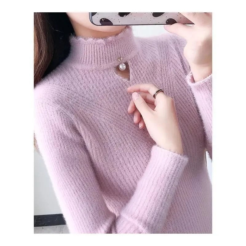 2023. gada jauns modes džemperis ar pusapkakli rudens ziemas sieviešu trikotāža ar garām piedurknēm vienkrāsains džemperis, moderns džemperis