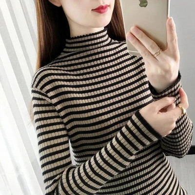 Sieviešu džemperis, 2023. gada rudens ziemas trikotāžas džemperis ar apkakli, svītru džemperi, ikdienas džemperi, krekls ar garām piedurknēm, sieviešu džemperis