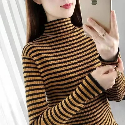 Sieviešu džemperis, 2023. gada rudens ziemas trikotāžas džemperis ar apkakli, svītru džemperi, ikdienas džemperi, krekls ar garām piedurknēm, sieviešu džemperis