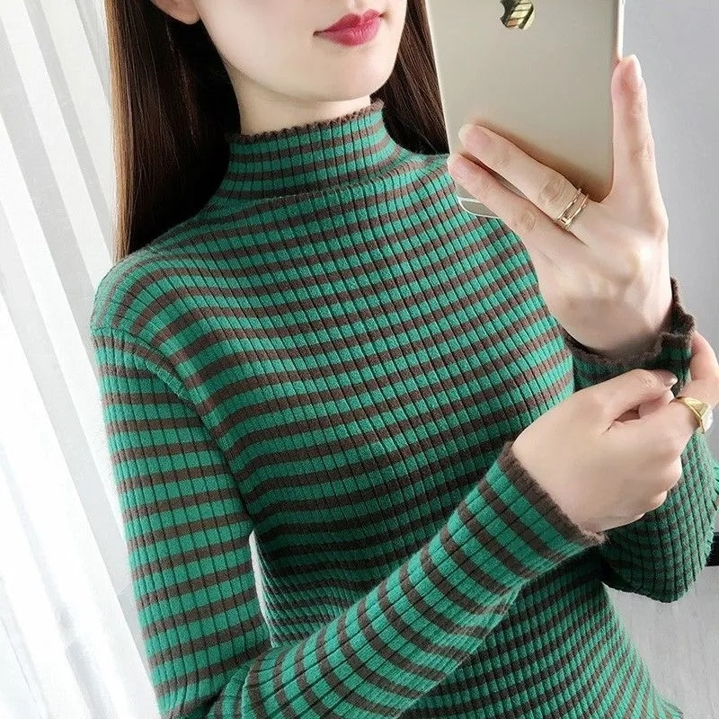 Sieviešu džemperis, 2023. gada rudens ziemas trikotāžas džemperis ar apkakli, svītru džemperi, ikdienas džemperi, krekls ar garām piedurknēm, sieviešu džemperis