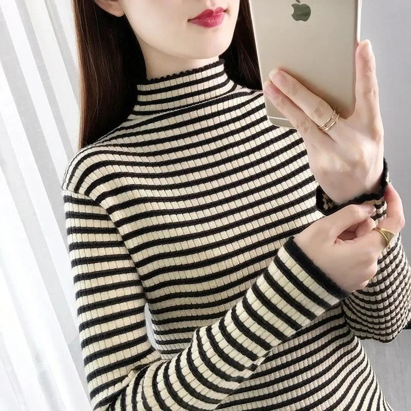 Sieviešu džemperis, 2023. gada rudens ziemas trikotāžas džemperis ar apkakli, svītru džemperi, ikdienas džemperi, krekls ar garām piedurknēm, sieviešu džemperis