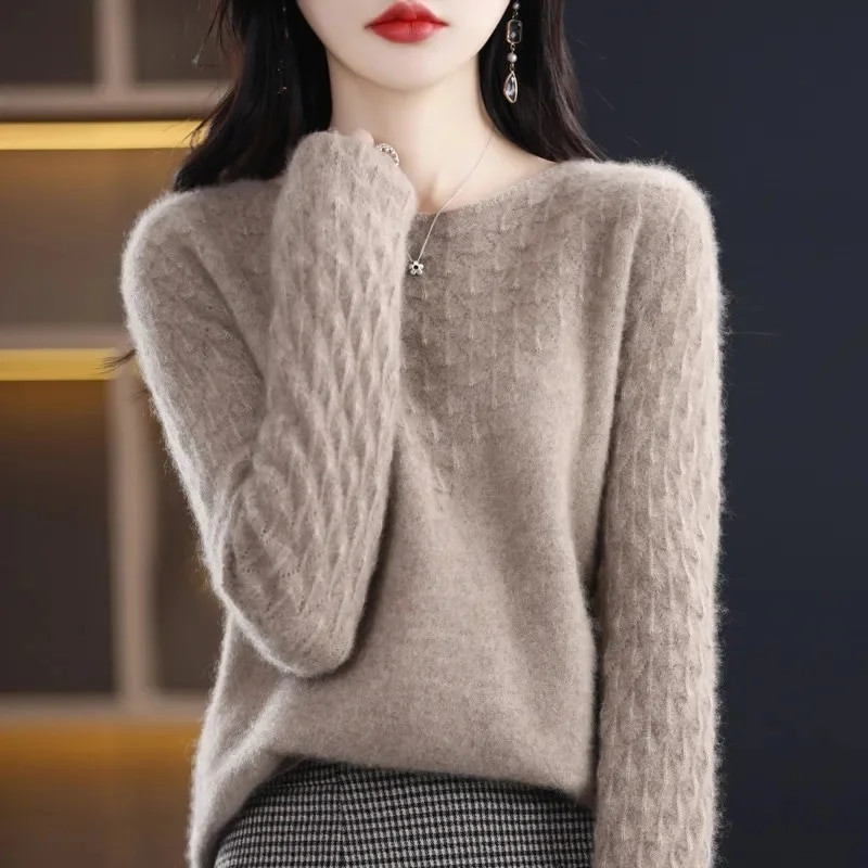 2023. gada rudens sieviešu kašmira džemperis ar O veida kakla izgriezumu, adīts ar garām piedurknēm, vienkrāsains džemperis, ikdienas džemperi, ziemas mīksta džemperi, topi