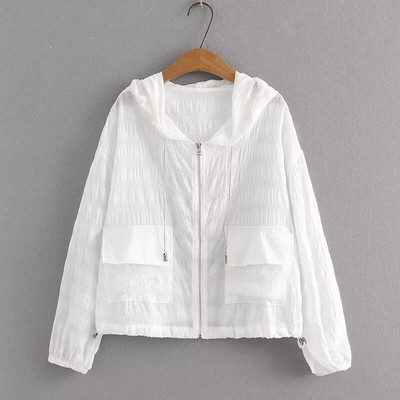 Liela izmēra sieviešu apģērbi Ikdienas vasaras jaka vienkrāsains saules aizsargapģērbs ar dabiski kroku tekstūru vasaras topi