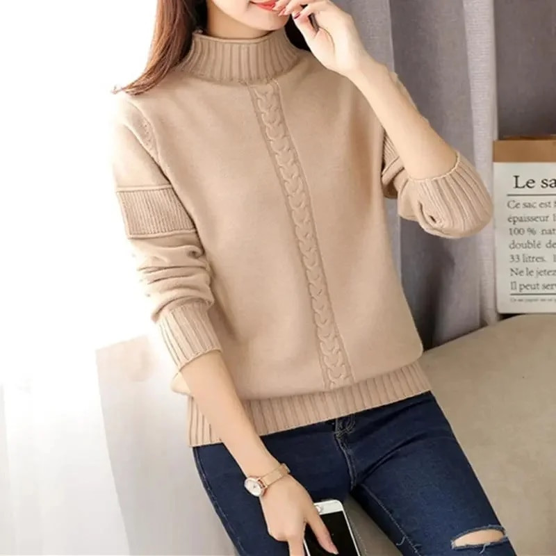 Χειμερινό πλεκτό πουλόβερ 2023 Γυναικείο πουλόβερ με ζιβάγκο Κορέας Μασίφ πουλόβερ Ζεστά πουλόβερ Βασικές μπλούζες Μαλακό πλεκτό καφέ πουλόβερ