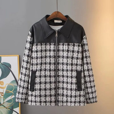 Liela izmēra sieviešu apģērbi rudens jaka ar garām piedurknēm, jaka ar rāvējslēdzēju, izgatavota no ziedu rūta un ādas šuvēm uz pleciem