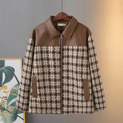 Liela izmēra sieviešu apģērbi rudens jaka ar garām piedurknēm, jaka ar rāvējslēdzēju, izgatavota no ziedu rūta un ādas šuvēm uz pleciem