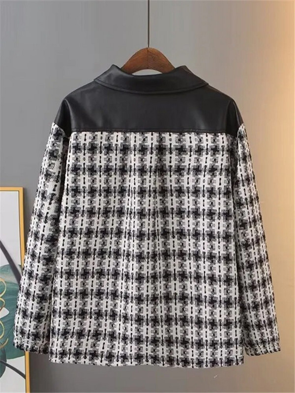 Liela izmēra sieviešu apģērbi rudens jaka ar garām piedurknēm, jaka ar rāvējslēdzēju, izgatavota no ziedu rūta un ādas šuvēm uz pleciem