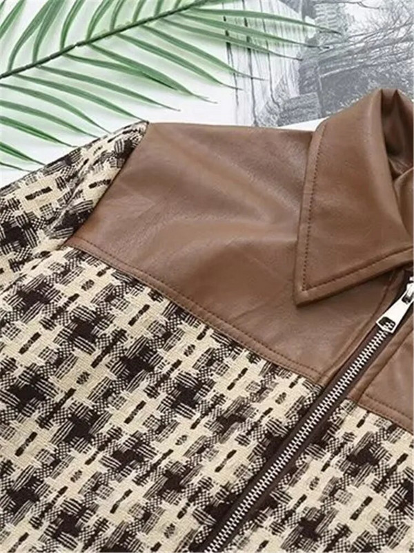 Liela izmēra sieviešu apģērbi rudens jaka ar garām piedurknēm, jaka ar rāvējslēdzēju, izgatavota no ziedu rūta un ādas šuvēm uz pleciem