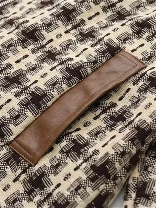 Liela izmēra sieviešu apģērbi rudens jaka ar garām piedurknēm, jaka ar rāvējslēdzēju, izgatavota no ziedu rūta un ādas šuvēm uz pleciem