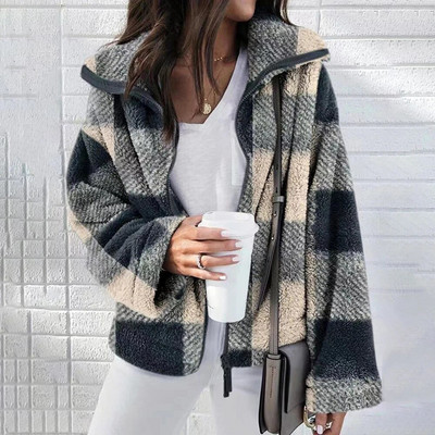 Sieviešu ziemas ar garām piedurknēm ikdienišķs rūtains rūtains rāvējslēdzējs Modes flaneļa mēteļi, topi Apģērbi Liela izmēra L-3XL 2023-2024