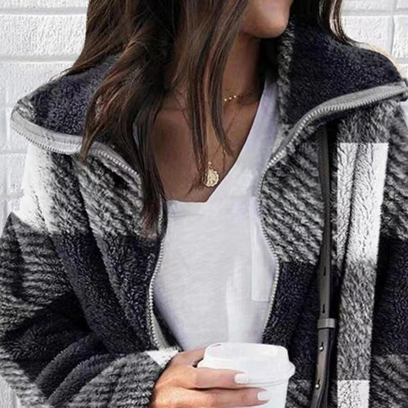 Sieviešu ziemas ar garām piedurknēm ikdienišķs rūtains rūtains rāvējslēdzējs Modes flaneļa mēteļi, topi Apģērbi Liela izmēra L-3XL 2023-2024