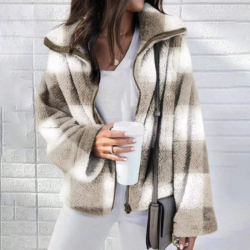 Sieviešu ziemas ar garām piedurknēm ikdienišķs rūtains rūtains rāvējslēdzējs Modes flaneļa mēteļi, topi Apģērbi Liela izmēra L-3XL 2023-2024