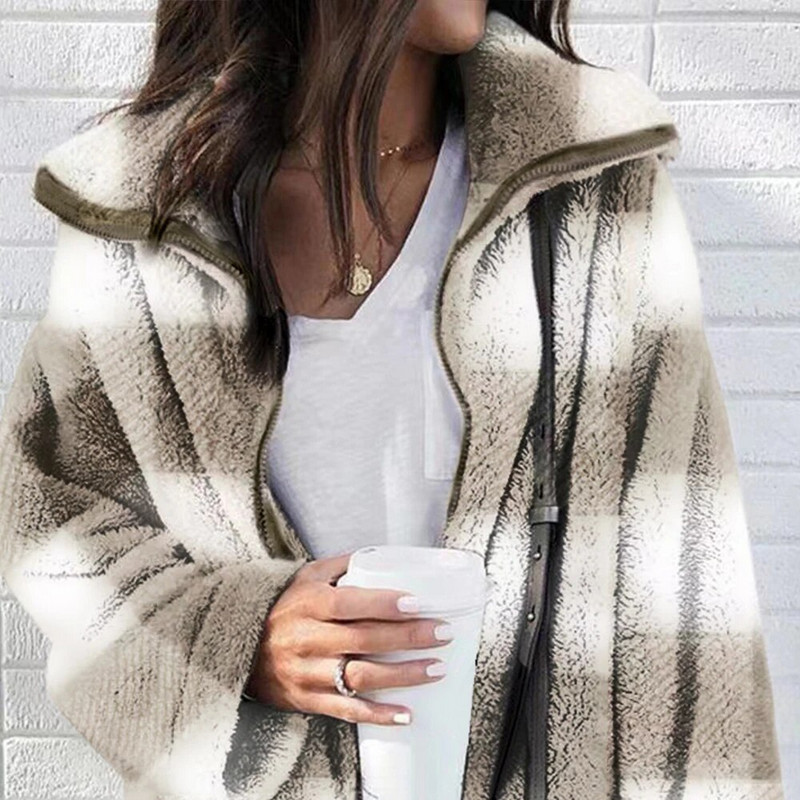 Sieviešu ziemas ar garām piedurknēm ikdienišķs rūtains rūtains rāvējslēdzējs Modes flaneļa mēteļi, topi Apģērbi Liela izmēra L-3XL 2023-2024