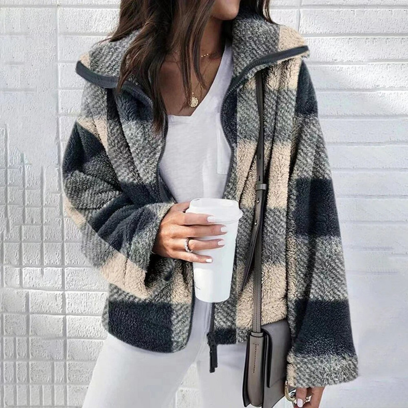 Sieviešu ziemas ar garām piedurknēm ikdienišķs rūtains rūtains rāvējslēdzējs Modes flaneļa mēteļi, topi Apģērbi Liela izmēra L-3XL 2023-2024