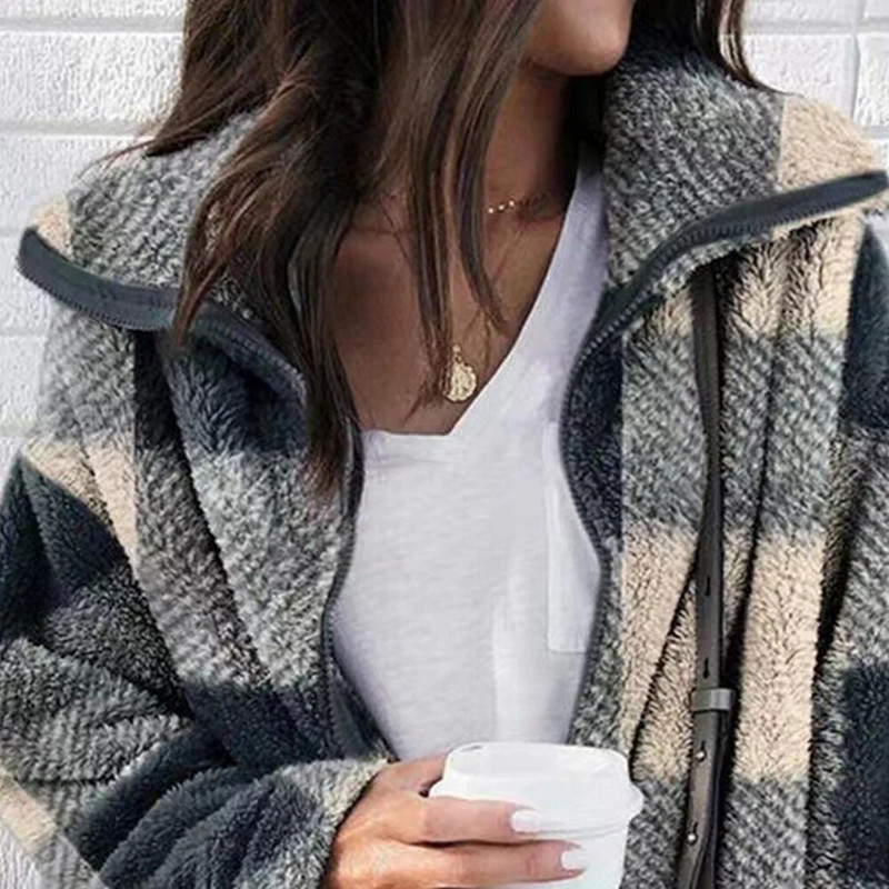 Sieviešu ziemas ar garām piedurknēm ikdienišķs rūtains rūtains rāvējslēdzējs Modes flaneļa mēteļi, topi Apģērbi Liela izmēra L-3XL 2023-2024