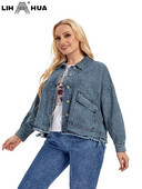 LIH HUA sieviešu lielizmēra džinsa jaka sieviešu ikdienas augstas klases elastīgs adījums ar kabatas jaku