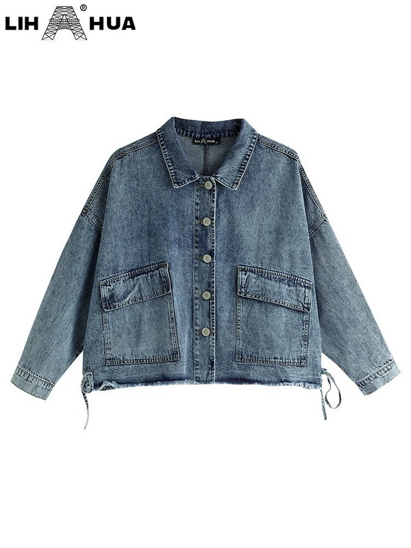 LIH HUA sieviešu lielizmēra džinsa jaka sieviešu ikdienas augstas klases elastīgs adījums ar kabatas jaku