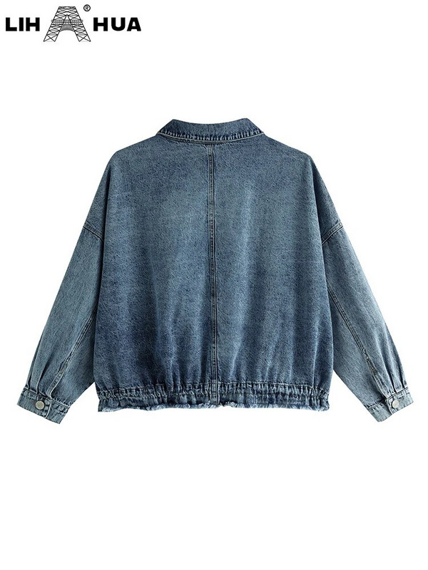 LIH HUA sieviešu lielizmēra džinsa jaka sieviešu ikdienas augstas klases elastīgs adījums ar kabatas jaku