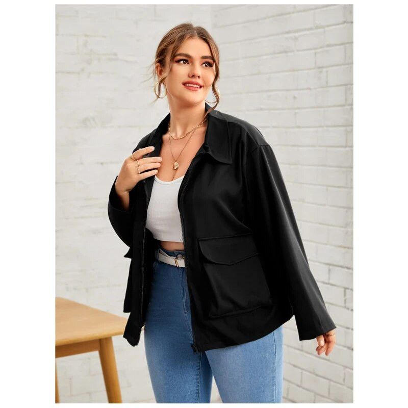 Liela izmēra elegants rudens mētelis sievietēm ar garām piedurknēm ar rāvējslēdzēju priekšpusē, brīva būda Liela izmēra biznesa ikdienas darba biroja jaka 6XL 7XL 8XL