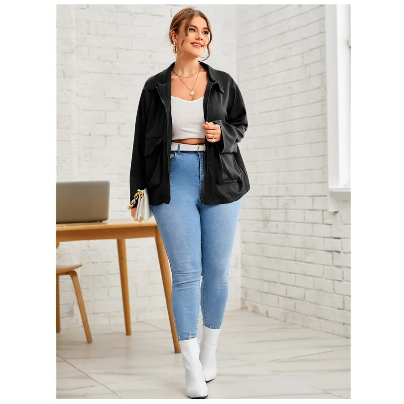 Liela izmēra elegants rudens mētelis sievietēm ar garām piedurknēm ar rāvējslēdzēju priekšpusē, brīva būda Liela izmēra biznesa ikdienas darba biroja jaka 6XL 7XL 8XL