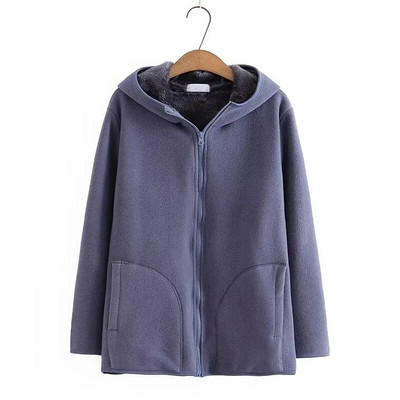 Πλούσιο γυναικείο χειμερινό πανωφόρι μακρυμάνικο με κουκούλα με επένδυση και παχύρρευστο μονόχρωμο φερμουάρ Casual ζεστό βελούδινο μπουφάν 4XL