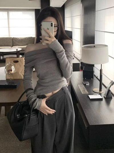 Sieviešu džemperi ar slīpu kakla izgriezumu, īsi, adīti, plāni, tievi, ar noteiktu vidukli, seksīgi, eleganti, pie pleciem, rudens, ziema, sieviete