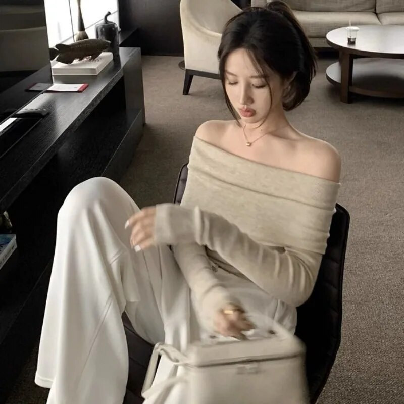 Sieviešu džemperi ar slīpu kakla izgriezumu, īsi, adīti, plāni, tievi, ar noteiktu vidukli, seksīgi, eleganti, pie pleciem, rudens, ziema, sieviete