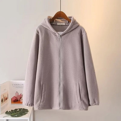 Nagy méretű női őszi és téli kapucnis dzseki, hosszú ujjú, kétoldalas plüss szövetből készült pulóver zsebes, cipzáras kardigánnal