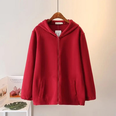 Nagy méretű női őszi és téli kapucnis dzseki, hosszú ujjú, kétoldalas plüss szövetből készült pulóver zsebes, cipzáras kardigánnal